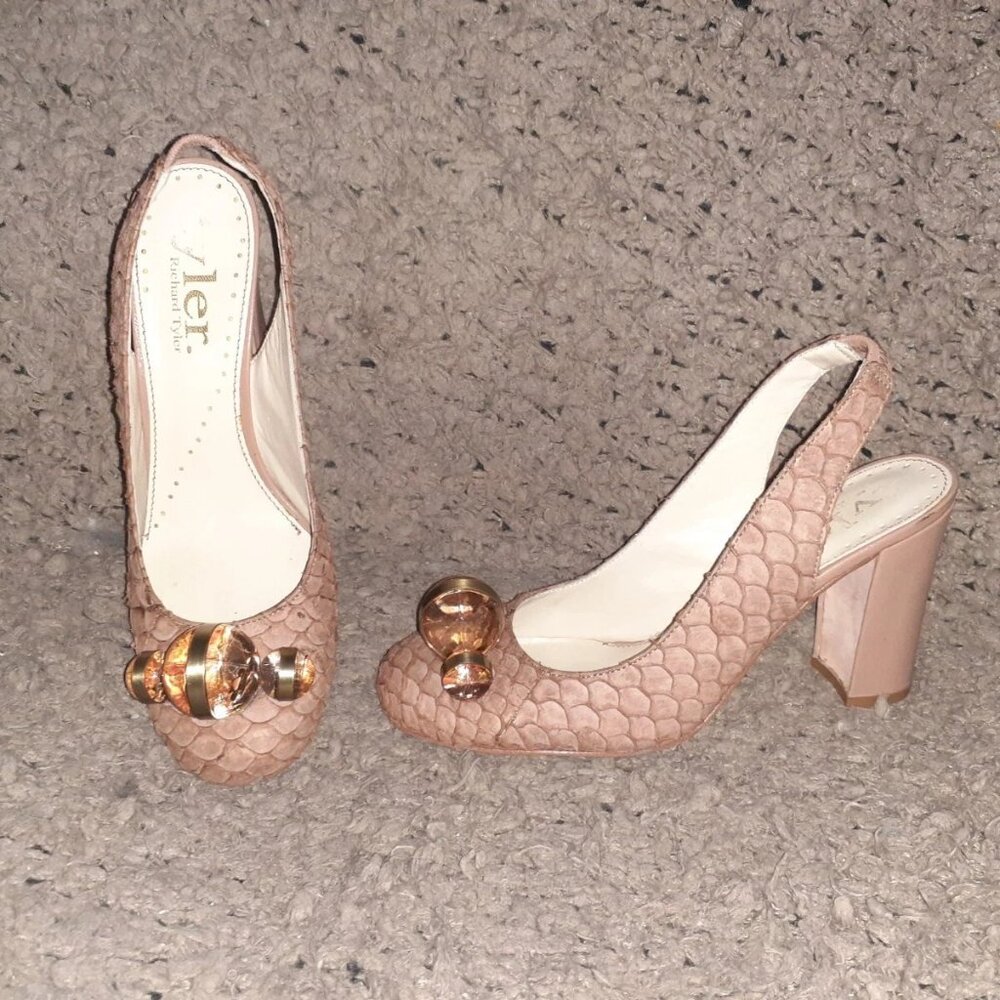RICHARD TYLER-Vintage-Riesling Reptile Beaded Brown High Heel-SZ6.5/7-Excellent